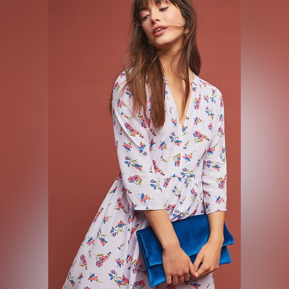 Anthropologie Maeve Juno Lilac Poppies Floral Spring Summer Tunic Dress XS